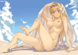 Rule 34 | 1girl, banner, barefoot, beach, blonde hair, blue eyes, blush, breasts, censored, commentary, feet, female pubic hair, flower, granblue fantasy, hair flower, hair ornament, highres, jeanne d&#039;arc (granblue fantasy), kaosu kun, large breasts, lily (flower), long hair, looking at viewer, nipples, nude, outdoors, pointless censoring, pubic hair, pussy, smile, soles, solo, toes