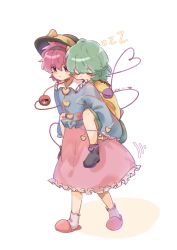 Rule 34 | 2girls, black footwear, black hairband, black headwear, blouse, blue shirt, blush, boots, buttons, carrying, chinese commentary, commentary, dated, closed eyes, frilled sleeves, frills, green hair, green skirt, hair between eyes, hair ornament, hairband, hat, hat ribbon, head on another&#039;s shoulder, heads together, heart, heart button, heart hair ornament, heart of string, highres, komeiji koishi, komeiji satori, long sleeves, looking at another, multiple girls, piggyback, pink footwear, pink hair, pink skirt, purple eyes, rddumpling, red eyes, ribbon, shirt, short hair, siblings, signature, sisters, skirt, sleeping, slippers, third eye, touhou, white background, wide sleeves, yellow ribbon, yellow shirt, zzz