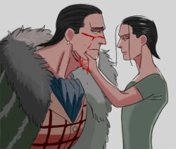 Rule 34 | 2boys, aged down, black hair, blood, blood on face, coat, crocodile (one piece), dark-skinned male, dark skin, expressionless, eye contact, from side, fur coat, hair slicked back, holding another&#039;s head, looking at another, lowres, male focus, mature male, medium hair, mg cls, multiple boys, one piece, parody, scar, scar on face, scar on nose, scene reference, sideburns, stitches, time paradox, tokyo ghoul, tokyo ghoul:re, upper body, yellow eyes