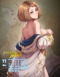 Rule 34 | 1girl, absurdres, back, bare shoulders, blue eyes, blush, breasts, brown hair, calendar (medium), closed mouth, coat, commentary, english commentary, evomanaphy, fire emblem, fire emblem heroes, freckles, heart, highres, kiran (female) (fire emblem), kiran (fire emblem), looking at viewer, medium breasts, nintendo, off shoulder, pinup (style), short hair, smile, solo, undressing