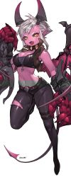 Rule 34 | 1girl, alternate costume, bad id, bad twitter id, black sclera, breasts, claws, cleavage, colored sclera, colored skin, commentary request, cropped vest, demon girl, demon tail, demon vi, demon wings, fangs, gauntlets, goggles, goggles around neck, highres, horns, league of legends, looking at viewer, midriff, nabicarol (na lolol), navel, open clothes, pink skin, pointy ears, short eyebrows, solo, tail, tattoo, torn clothes, twitter username, vest, vi (league of legends), white hair, wings, yellow eyes