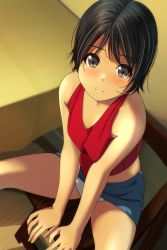 Rule 34 | 1girl, absurdres, arm support, bare arms, bare shoulders, between legs, black hair, blue skirt, blush, breasts, brown eyes, closed mouth, from above, hand between legs, highres, indoors, looking at viewer, matsunaga kouyou, midriff, nose blush, original, panties, red tank top, short hair, sitting, skirt, small breasts, smile, solo, spread legs, tank top, underwear, white panties