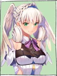 Rule 34 | 1girl, aqua background, bare shoulders, braid, breasts, cleavage, closed mouth, crown braid, curly hair, feathered wings, green eyes, head wings, highres, kei (soundcross), long hair, looking at viewer, medium breasts, melia antiqua, neck ribbon, nintendo, o-ring, puffy short sleeves, puffy sleeves, purple ribbon, ribbon, short sleeves, silver hair, simple background, smile, solo, twintails, upper body, white wings, wings, xenoblade chronicles: future connected, xenoblade chronicles (series), xenoblade chronicles 1