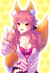 Rule 34 | 10s, 1girl, animal ears, bow, breasts, casual, cleavage, detached sleeves, fate/extra, fate (series), fox ears, fox shadow puppet, fox tail, hair bow, hair ribbon, haryu-sokoheki, large breasts, nail polish, official alternate costume, pink hair, ribbon, shirt, solo, striped clothes, striped shirt, tail, tamamo no mae (fate/extra), tamamo no mae (spring casual) (fate), twintails, yellow eyes
