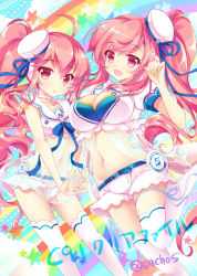 Rule 34 | 2girls, :d, breasts, choker, cleavage, curly hair, grace (sound voltex), hinata momo, large breasts, long hair, looking at viewer, multiple girls, nail polish, navel, open mouth, rasis, red eyes, red hair, siblings, side ponytail, sisters, small breasts, smile, sound voltex, thighhighs, twitter username, white legwear, zettai ryouiki