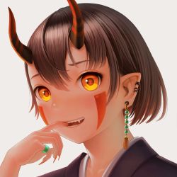 Rule 34 | 1girl, bad id, bad pixiv id, black hair, black kimono, blush, commentary, ear piercing, earrings, facial mark, fang, finger in own mouth, grey background, hair between eyes, hand up, horns, japanese clothes, jewelry, kimono, looking at viewer, oni, oni horns, orange eyes, original, parted lips, piercing, pointy ears, sharp teeth, simple background, smile, solo, teeth, upper body, yoka1chi