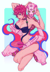 Rule 34 | 1girl, arms up, asakare, blue eyes, breasts, cleavage, feet out of frame, highres, jojo no kimyou na bouken, looking at viewer, medium breasts, navel, pink hair, profile, smile, solo, spice girl (stand), trish una, vento aureo