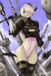 Rule 34 | 1girl, absurdres, artist name, black blindfold, black gloves, black hairband, black legwear, blindfold, blue eyes, blue sky, breasts, cleavage, cleavage cutout, clothing cutout, cloud, cloudy sky, collarbone, covered navel, emil (nier), fur trim, gloves, hair over one eye, hairband, highres, leotard, mole, mole under mouth, multiple swords, nier (series), nier:automata, outdoors, parted lips, polearm, puffy sleeves, red lips, short hair, signature, sky, smile, spear, subakeye, twitter username, weapon, white hair, white leotard, wide hips, 2b (nier:automata)