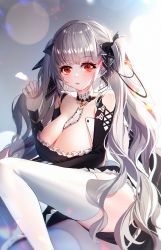 Rule 34 | 1girl, absurdres, azur lane, baocaizi, bare shoulders, blush, breasts, cleavage, commentary, formidable (azur lane), grey hair, hair ribbon, highres, huge filesize, large breasts, long hair, looking at viewer, open mouth, red eyes, ribbon, solo, thighhighs, thighs, twintails, white thighhighs