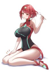 Rule 34 | absurdres, bare legs, black one-piece swimsuit, blush, breasts, competition swimsuit, covered navel, earrings, full body, highres, jewelry, lap pillow invitation, large breasts, looking at viewer, mimikaki, one-piece swimsuit, pyra (pro swimmer) (xenoblade), pyra (xenoblade), red eyes, red footwear, red hair, red one-piece swimsuit, sitting, swept bangs, swimsuit, taro (peach taro51), tiara, two-tone swimsuit, wariza, xenoblade chronicles (series), xenoblade chronicles 2