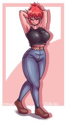 Rule 34 | 1girl, ;), absurdres, armpits, arms up, blush, breasts, crossed legs, denim, dress, highres, jeans, large breasts, mature female, navel, nike (company), one eye closed, original, pants, red hair, self-upload, shoes, simple background, smile, solo, strapless, strapless dress, thick thighs, thighs, tongue, tongue out, zollow