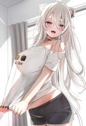 Rule 34 | 1girl, ahoge, animal ears, bare shoulders, black nails, blush, breasts, commentary, ear piercing, grey eyes, grey hair, hair between eyes, highres, hololive, large breasts, lion ears, lion girl, lion tail, long hair, looking at viewer, midriff, nerorigogo, off shoulder, open mouth, piercing, see-through silhouette, shirt, shishiro botan, shishiro botan (casual), smile, solo, symbol-only commentary, tail, virtual youtuber