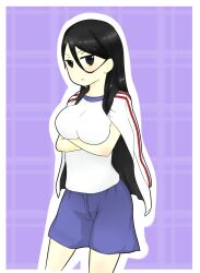 Rule 34 | &gt;:(, 1girl, a certain high school gym uniform, alternate eye color, arms under breasts, bare arms, black eyes, black hair, blue shorts, border, breasts, closed mouth, commentary, cowboy shot, crossed arms, fukiyose seiri, gym shirt, gym shorts, gym uniform, hair between eyes, highres, i.u.y, jacket, jacket on shoulders, large breasts, light blush, long hair, long sleeves, looking at viewer, monochrome background, no emblem, open clothes, open jacket, purple background, shirt, short shorts, short sleeves, shorts, sidelocks, solo, standing, toaru majutsu no index, toaru majutsu no index: old testament, track jacket, v-shaped eyebrows, white border, white jacket, white shirt