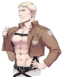 Rule 34 | 1boy, abs, bare pectorals, blonde hair, chest belt, cropped jacket, cropped legs, harness, jacket, leather, leather jacket, looking at viewer, male focus, muscular, muscular male, nene (10575936), nipples, no shirt, open clothes, open jacket, pants, paradis military uniform, pectorals, reiner braun, seductive smile, shingeki no kyojin, short hair, smile, solo, white background, white pants