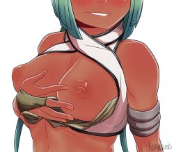 Rule 34 | 1girl, blue hair, breasts, breasts out, dark-skinned female, dark skin, inverted nipples, khartemis, medium breasts, open clothes, rwby, smile, solo, white background