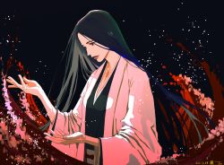 Rule 34 | 1girl, absurdres, black hair, black kimono, bleach, blue eyes, commentary request, dated, highres, japanese clothes, jou (jo jjo), kimono, long hair, long sleeves, looking away, looking down, obi, open clothes, parted bangs, sash, solo, unohana retsu, upper body, very long hair, wide sleeves