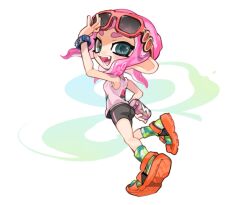 Rule 34 | 1girl, ass, blue eyes, can, drink can, full body, goggles, goggles on head, highres, holding, holding can, looking back, medium hair, nintendo, octoling, octoling girl, octoling player character, open mouth, pink hair, pink shirt, red-framed eyewear, shirt, sleeveless, sleeveless shirt, smile, soda can, solo, spl8ya, splatoon (series), splatoon 3, sunglasses, teeth, tentacle hair, torn clothes, torn shirt, white background