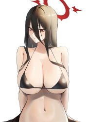 Rule 34 | 1girl, absurdres, arms behind back, bikini, black bikini, blue archive, blush, breasts, commentary, english commentary, hair between eyes, halo, hasumi (blue archive), highres, huge breasts, long hair, looking at viewer, lordol, mole, mole under eye, parted lips, red eyes, simple background, solo, swimsuit, very long hair, white background