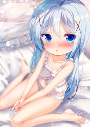 Rule 34 | 1girl, babydoll, bare arms, bare legs, bare shoulders, barefoot, bed sheet, blue eyes, blue hair, blurry, blurry background, blush, bow, bow panties, breasts, chinomaron, collarbone, depth of field, frilled panties, frilled pillow, frills, gochuumon wa usagi desu ka?, hair ornament, highres, kafuu chino, long hair, looking at viewer, nose blush, own hands together, panties, parted lips, pillow, signature, sitting, small breasts, solo, twitter username, underwear, underwear only, very long hair, wariza, white panties, x hair ornament