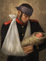 Rule 34 | 1boy, ainu clothes, baby carry, bandaged arm, bandages, beard, black hair, buzz cut, carrying, facial hair, father and son, golden kamuy, headband, long sideburns, male focus, military, military uniform, nopinzo, realistic, short hair, sideburns, smile, solo, tanigaki genjirou, thick eyebrows, uniform, upper body, very short hair