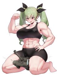 1girl abs alternate_muscle_size amogan anchovy_(girls_und_panzer) anzio_(emblem) arm_up bare_legs barefoot between_thighs biceps bike_shorts black_ribbon black_shorts churchill_(tank) commentary drill_hair emblem flexing girls_und_panzer green_hair hair_between_eyes hair_ribbon hand_on_own_hip heart highres kneeling light_blush long_hair looking_down military_vehicle motor_vehicle muscular muscular_female navel open_mouth red_eyes ribbon shorts simple_background smile solo sports_bra squeezing st._gloriana&#039;s_(emblem) stomach sweat sweatdrop tank thighs twin_drills twintails white_background