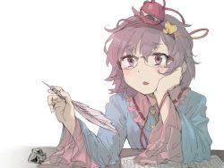 Rule 34 | 1girl, bespectacled, blush, eyeball, geppewi, glasses, hairband, hand on own face, head rest, heart, komeiji satori, long sleeves, one-hour drawing challenge, open mouth, paper, pen, pink eyes, pink hair, quill, short hair, simple background, solo, string, table, third eye, touhou, white background, wide sleeves