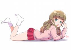 Rule 34 | 1girl, :o, arm support, blue eyes, blunt bangs, commentary, earrings, full body, hand up, ichigo junior high uniform, jewelry, legs up, light brown hair, long sleeves, looking at viewer, looking to the side, lying, mewkledreamy, miniskirt, on stomach, open mouth, picolette xiii, pink sweater, pleated skirt, red button, red skirt, shadow, shiny skin, signature, simple background, skirt, socks, solo, star (symbol), star in eye, sweater, symbol in eye, the pose, tsukishima maira, wavy hair, white background