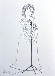 Rule 34 | 1girl, collarbone, crescent, crescent necklace, dress, full body, hair ribbon, head tilt, highres, jewelry, kagonoikeazuki, long dress, medium hair, microphone, microphone stand, monochrome, necklace, original, ponytail, ribbon, signature, sketch, solo, standing, traditional media, | |