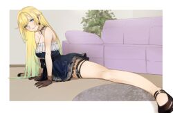 Rule 34 | 1girl, aizawa ema, bare shoulders, black gloves, blonde hair, blue eyes, blue hair, border, breasts, cat earrings, choker, cleavage, couch, criss-cross halter, dress, gloves, gradient hair, hair flaps, halterneck, hands on floor, lace, lace-trimmed choker, lace choker, lace gloves, lace trim, large breasts, long hair, looking at viewer, masato (mirai koubou), multicolored hair, plant, smile, solo, split, very long hair, virtual youtuber, vspo!, white border