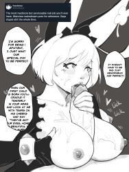 Rule 34 | 1boy, 1girl, absurdres, ahoge, animal ears, blush, bracelet, breasts, clover, elphelt valentine, english text, faceless, faceless male, fake animal ears, fellatio, four-leaf clover, gloved handjob, greyscale, guilty gear, guilty gear xrd, handjob, heart, hetero, highres, huge ahoge, jewelry, large breasts, monochrome, nipples, oral, paizuri, penis, rabbit ears, reference inset, skullworms, solo focus, speech bubble, spiked bracelet, spikes, tongue, tongue out, uncensored, veins, veiny penis