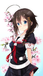 Rule 34 | 10s, 1girl, ahoge, black hair, blue eyes, blush, braid, breasts, cherry blossoms, commentary, flower, hair flaps, hair ornament, hair ribbon, highres, kantai collection, looking at viewer, md5 mismatch, neckerchief, pink flower, red neckerchief, red ribbon, resolution mismatch, ribbon, school uniform, serafuku, shigure (kancolle), shigure kai ni (kancolle), side braid, single braid, smile, solo, source smaller, staryume