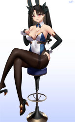 Rule 34 | 1girl, absurdres, animal ears, black hair, blue leotard, breasts, brown pantyhose, cleavage, covered navel, crossed legs, detached collar, detached sleeves, earrings, fake animal ears, fate/grand order, fate (series), hair ribbon, high heels, highleg, highleg leotard, highres, hoop earrings, ishtar (fate), jewelry, kurozawa yui, large breasts, leotard, long hair, looking at viewer, nail polish, open mouth, pantyhose, parted bangs, playboy bunny, rabbit ears, red eyes, ribbon, sitting, smile, solo, stool, thighband pantyhose, two-tone leotard, two side up, white leotard, wrist cuffs