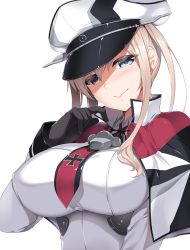 Rule 34 | 10s, 1girl, blonde hair, blue eyes, blush, breasts, capelet, cross, female focus, graf zeppelin (kancolle), hat, iron cross, kantai collection, large breasts, long hair, looking at viewer, nakano sora, necktie, peaked cap, sidelocks, simple background, smile, solo, twintails, uniform, white background