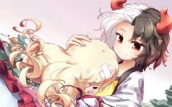 Rule 34 | 2girls, animal print, black hair, blonde hair, blush, commentary request, cow print, crying, dress, dutch angle, ebisu eika, hand on another&#039;s head, horns, hug, isu (is88), long hair, looking at another, multicolored hair, multiple girls, open mouth, pink background, red eyes, scratches, shirt, short hair, split-color hair, touhou, two-tone hair, upper body, ushizaki urumi, white dress, white hair, yellow shirt