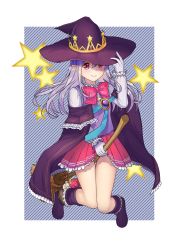 Rule 34 | 1girl, b.c., bad id, bad pixiv id, boots, bow, broom, closed mouth, gloves, hat, highres, long hair, looking at viewer, pio (potion maker), pointy ears, potion maker, purple eyes, purple hair, ribbon, skirt, solo, white gloves, witch hat