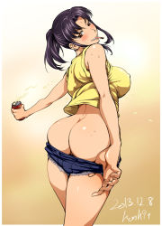 Rule 34 | 1girl, 2013, alcohol, ass, bare shoulders, beer, beer can, breasts, brown eyes, can, clothes pull, covered erect nipples, dated, denim, denim shorts, drink can, drunk, female focus, gradient background, katsuragi misato, kon-kit, large breasts, looking at viewer, neon genesis evangelion, pulled by self, purple background, purple hair, short hair, short shorts, shorts, shorts pull, signature, smile, solo, sweat, undressing
