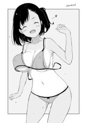 Rule 34 | 1girl, arm at side, arm up, bikini, blush, breasts, cleavage, collarbone, cowboy shot, facing viewer, greyscale, heart, kichihachi, large breasts, monochrome, navel, open mouth, original, outside border, round teeth, short hair, side ponytail, simple background, smile, solo, standing, stomach, swimsuit, tan, tanline, teeth, twitter username, untied bikini, upper teeth only, wardrobe malfunction