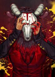 Rule 34 | 1boy, absurdres, apex legends, black hair, black shirt, blood, blood on hands, commentary request, hands on own face, helmet, highres, horns, kaleb cross, long sleeves, looking at viewer, male focus, necktie, paint splatter, red necktie, red vest, revenant (apex legends), shiba shiba, shirt, sleeves past wrists, solo, straight-on, unholy beast revenant, upper body, vest