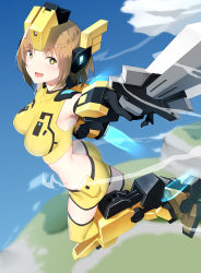Rule 34 | 1girl, :d, armor, ass, bad id, bad pixiv id, breasts, brown hair, cosmic break, from side, headgear, highres, large breasts, looking at viewer, mecha musume, midriff, open mouth, pallad, rei (cosmic break), short hair, smile, solo, thighhighs, yellow eyes