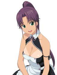 Rule 34 | 1girl, :d, a1 (initial-g), apron, arm ribbon, asuka (dream c club zero), bare shoulders, bow, breasts, cleavage, dream c club, dream c club (series), dream c club zero, green eyes, long hair, open mouth, ponytail, purple hair, ribbon, simple background, smile, solo, tan, tanline