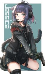 Rule 34 | 1girl, absurdres, animal ears, arknights, blue hair, cat ears, cat girl, cat tail, character name, gloves, green eyes, gun, handgun, headset, highres, jacket, jessica (arknights), long hair, pistol, ponytail, shorts, solo, squatting, tail, tsyn, weapon
