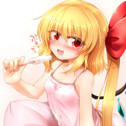 Rule 34 | 1girl, alternate costume, bare shoulders, barefoot, blonde hair, blush, bow, camisole, collarbone, crystal, eating, fang, flandre scarlet, food, gradient background, hair between eyes, hair bow, highres, holding, holding food, ice cream, long hair, looking at viewer, marukyuu ameya, multicolored wings, nail polish, no headwear, nose blush, open mouth, panties, pillow, pink camisole, pink panties, red bow, red eyes, red nails, side ponytail, simple background, skin fang, solo, touhou, underwear, wings