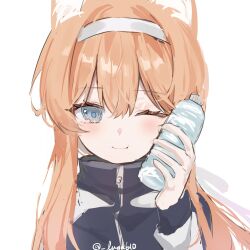 Rule 34 | 1girl, :t, animal ear fluff, animal ears, blue archive, blue eyes, blue jacket, blush, bottle, bottle to cheek, close-up, closed mouth, commentary, facing viewer, fox ears, fox girl, gym uniform, hairband, highres, holding, holding bottle, jacket, long hair, looking at viewer, low ponytail, luna (luna610), mari (blue archive), mari (track) (blue archive), no halo, one eye closed, orange hair, plastic bottle, sidelocks, simple background, smile, solo, track jacket, twitter username, upper body, water bottle, white background, white hairband