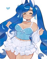 Rule 34 | 1girl, absurdres, blue hair, breasts, choker, cleavage, closed eyes, collarbone, constellor, heart, heart choker, highres, large breasts, long hair, navel, original, simple background, skirt, solo, twintails, white background, white skirt