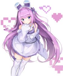 Rule 34 | 1girl, absurdres, animal ears, animal hands, azur lane, bad id, bad pixiv id, bare shoulders, bow, closed mouth, collared shirt, commentary request, dress, ds a, elbow gloves, fake animal ears, gloves, hair bow, head tilt, heart, heart background, highres, huge filesize, long hair, looking at viewer, off-shoulder dress, off shoulder, paw gloves, plaid, purple bow, purple eyes, purple hair, purple shirt, rabbit ears, shirt, sleeveless, sleeveless shirt, solo, tashkent (azur lane), tashkent (muse) (azur lane), thighhighs, very long hair, white background, white dress, white gloves, white thighhighs