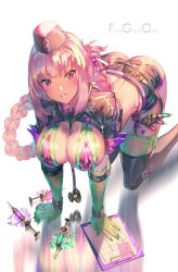 Rule 34 | 1girl, all fours, ass, between breasts, bikini, black thighhighs, blush, braid, breasts, cleavage, clipboard, commentary request, elbow gloves, fate/grand order, fate (series), florence nightingale (fate), florence nightingale (trick or treatment) (fate), folded ponytail, garter straps, gloves, green gloves, green thighhighs, hat, hip focus, large breasts, layered bikini, long hair, looking at viewer, official alternate costume, pink hair, red eyes, short shorts, shorts, shrug (clothing), smile, solo, stethoscope, swimsuit, syringe, thighhighs, yoshimoto (dear life)