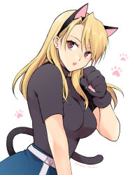 Rule 34 | 1girl, :o, adjusting eyewear, amestris military uniform, animal ear hairband, animal ears, animal hands, black shirt, blonde hair, breasts, brown eyes, cat ears, cat tail, dutch angle, earrings, fake animal ears, from side, fullmetal alchemist, gloves, hair down, hairband, hand up, jacket, jewelry, large breasts, long hair, looking at viewer, looking to the side, no jacket, parted lips, paw gloves, paw pose, paw print, riza hawkeye, shirt, short sleeves, simple background, solo, stud earrings, swept bangs, tail, takafuji yuna, turtleneck, twitter username, upper body, white background