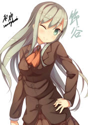Rule 34 | 10s, 1girl, aqua eyes, artist name, blush, brown hair, character name, hair ornament, hairclip, hand on own hip, kantai collection, kumano (kancolle), long hair, looking at viewer, one eye closed, personification, samegami, school uniform, skirt, smile, solo, suzuya (kancolle), wink