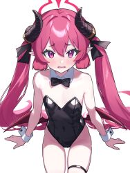Rule 34 | 1girl, black leotard, blue archive, commentary request, flat chest, halo, horns, junko (blue archive), leotard, long hair, looking at viewer, playboy bunny, red eyes, red hair, red halo, shigatsu shizuki, simple background, solo, thighs, twintails, white background