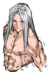 Rule 34 | 1990s (style), 1boy, abs, blue eyes, final fantasy, final fantasy vii, highres, long hair, male focus, nameo (judgemasterkou), sephiroth, topless male, silver hair, solo